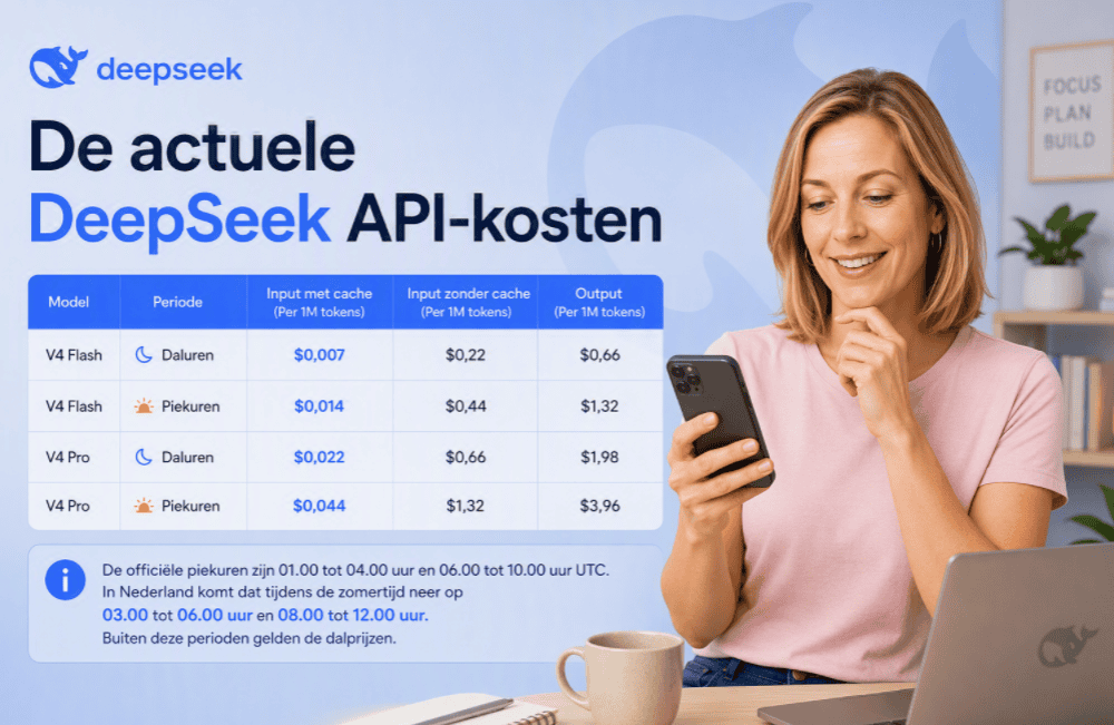 Overzicht van de actuele DeepSeek API-kosten met tarieven voor V4 Flash en V4 Pro tijdens daluren en piekuren, weergegeven naast een persoon die op een smartphone naar de prijzen kijkt.