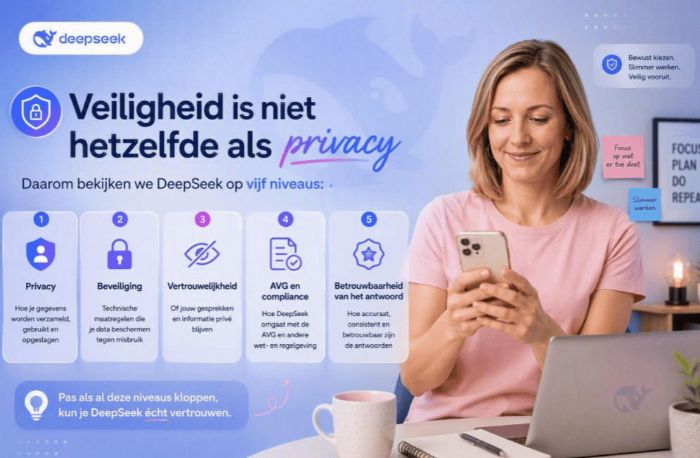 Sanne kijkt thuis naar een mobiele telefoon naast een laptop, met vijf niveaus voor het beoordelen van DeepSeek: privacy, beveiliging, vertrouwelijkheid, AVG en compliance en betrouwbaarheid van antwoorden.