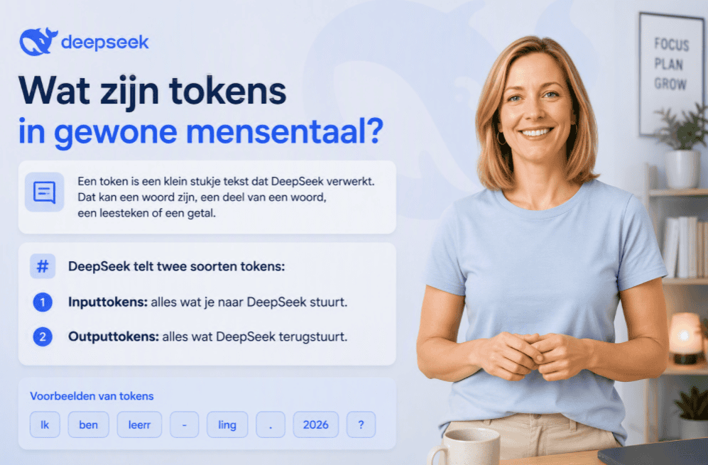 Sanne staat lachend in een moderne thuiswerkruimte naast een eenvoudige uitleg over inputtokens en outputtokens in DeepSeek.