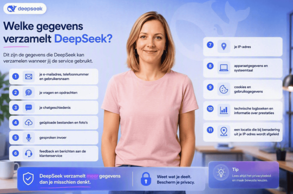 Sanne staat centraal in een moderne thuiswerkruimte bij een overzicht van elf soorten gegevens die DeepSeek kan verzamelen, waaronder contactgegevens, chats, bestanden, IP-adres, cookies en locatiegegevens.
