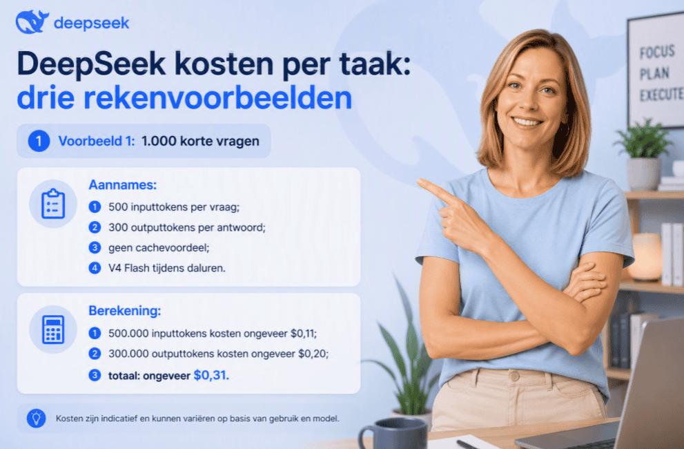 Uitleg van DeepSeek kosten per taak met een rekenvoorbeeld voor 1.000 korte vragen, inclusief inputtokens, outputtokens en totale API-kosten.