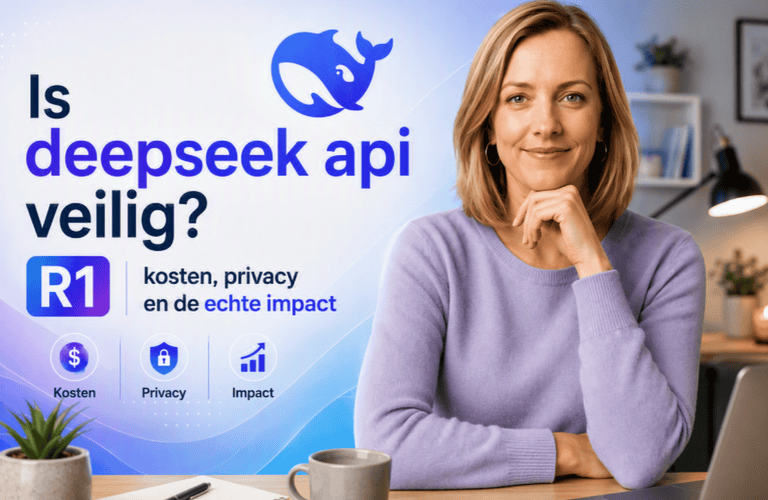 Illustratie met de titel ‘Is DeepSeek API veilig?’, het DeepSeek-walvislogo en aandacht voor kosten, privacy en impact. Rechts zit een persoon in een paarse trui achter een bureau.