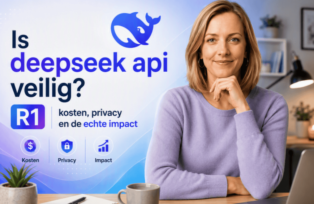 Illustratie met de titel ‘Is DeepSeek API veilig?’, het DeepSeek-walvislogo en aandacht voor kosten, privacy en impact. Rechts zit een persoon in een paarse trui achter een bureau.