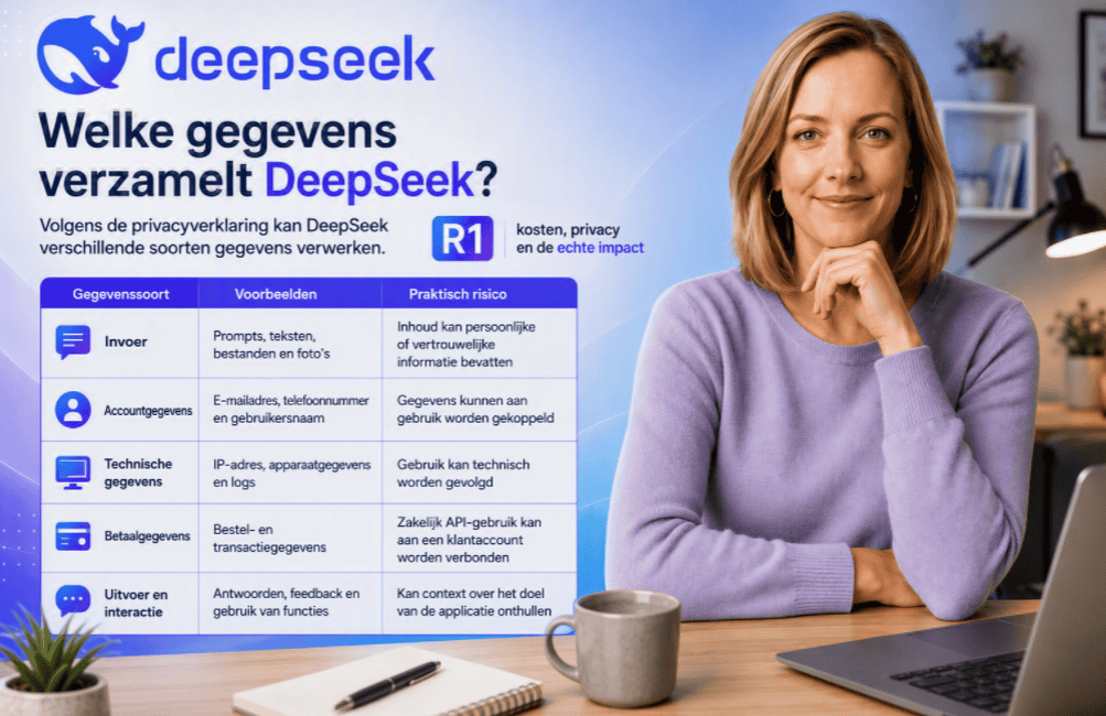 Infographic over welke gegevens DeepSeek verzamelt. Links staat een overzichtstabel met gegevenssoorten zoals invoer, accountgegevens, technische gegevens, betaalgegevens en uitvoer/interactie, inclusief voorbeelden en privacyrisico's. Rechts zit een persoon in een paarse trui aan een bureau met een laptop, mok en notitieboek. Op de achtergrond is een rustige kantooromgeving zichtbaar.