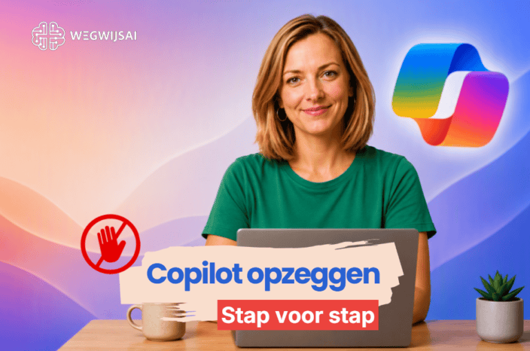 Vrouw met laptop en Copilot opzeggen tekst, stap voor stap uitleg.