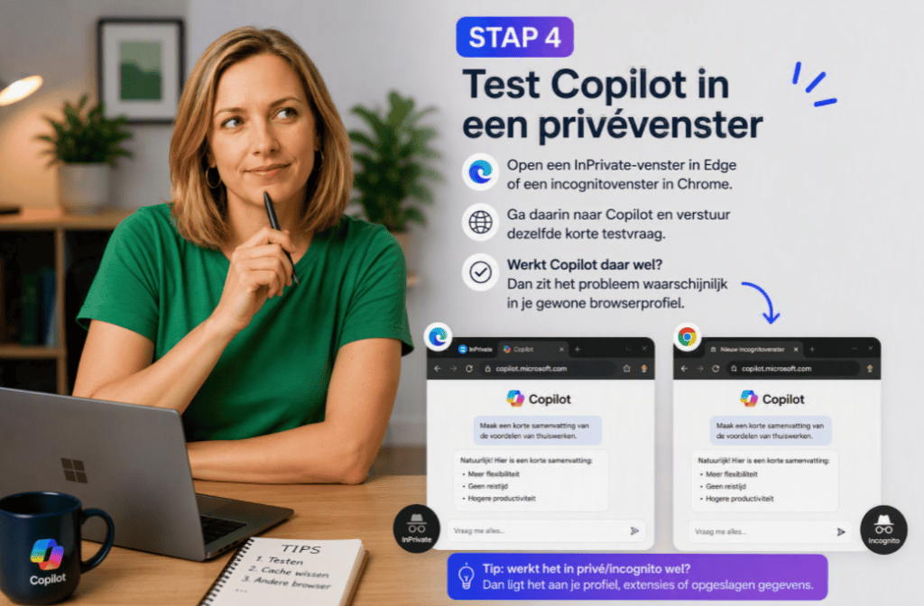 Test Copilot in privé venster als copilot niet reageert