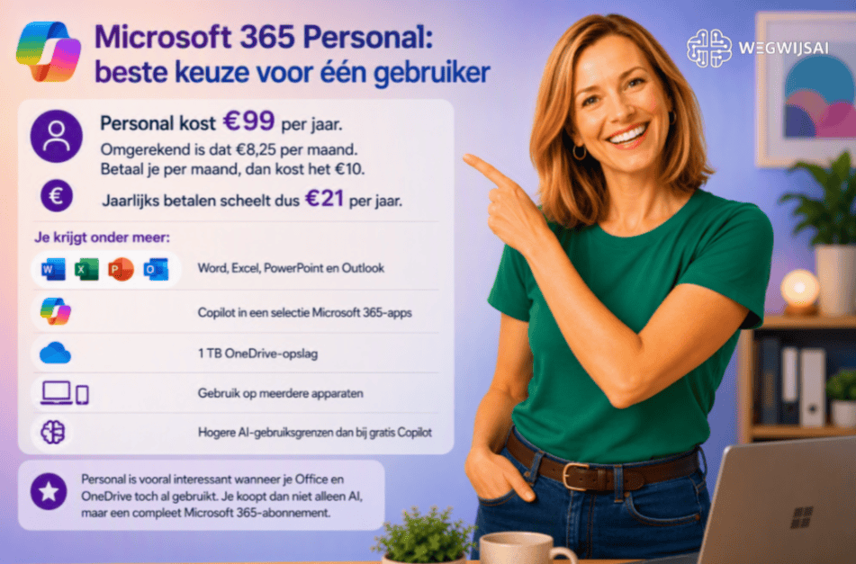 Microsoft 365 Personal abonnement met prijs en functies.