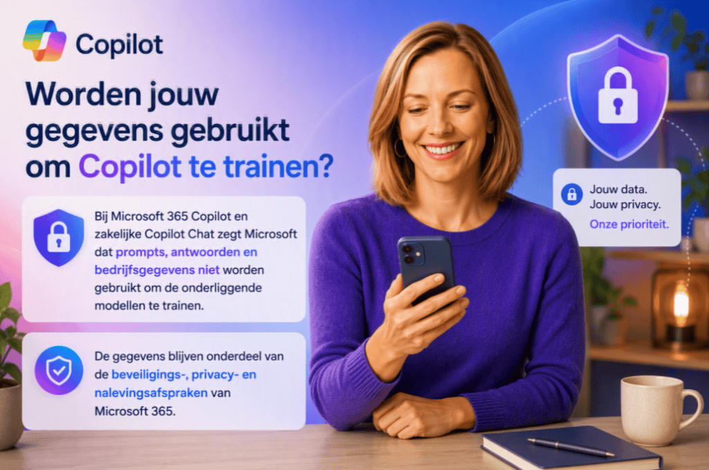 Sanne houdt een mobiele telefoon vast bij een Copilot-visual over de vraag of gegevens worden gebruikt om Copilot te trainen