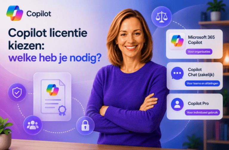 Sanne staat met armen over elkaar voor een Copilot-achtergrond over het kiezen van de juiste Copilot-licentie