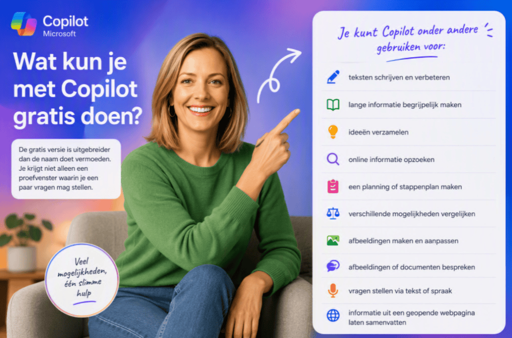 Sanne wijst naar een lijst met mogelijkheden van Copilot gratis, zoals teksten schrijven, informatie samenvatten en ideeën verzamelen.