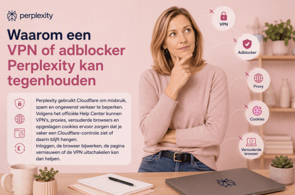 Sanne denkt na over een probleem met Perplexity terwijl een overzicht toont hoe een VPN, adblocker, proxy, cookies of een verouderde browser de dienst kunnen blokkeren.