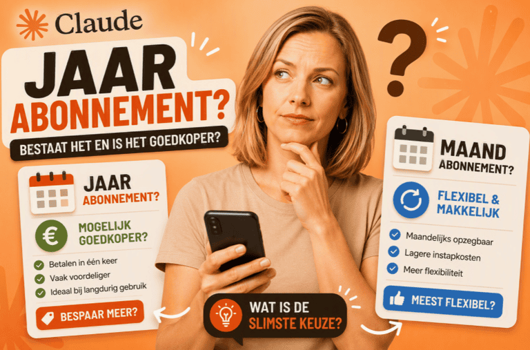 Thumbnail met een persoon in een beige shirt die twijfelend naar twee abonnementsopties kijkt op een Claude-oranje achtergrond. De afbeelding vergelijkt een mogelijk jaarabonnement met een maandabonnement voor Claude.