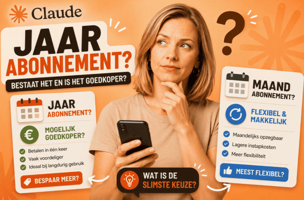 Thumbnail met een persoon in een beige shirt die twijfelend naar twee abonnementsopties kijkt op een Claude-oranje achtergrond. De afbeelding vergelijkt een mogelijk jaarabonnement met een maandabonnement voor Claude.