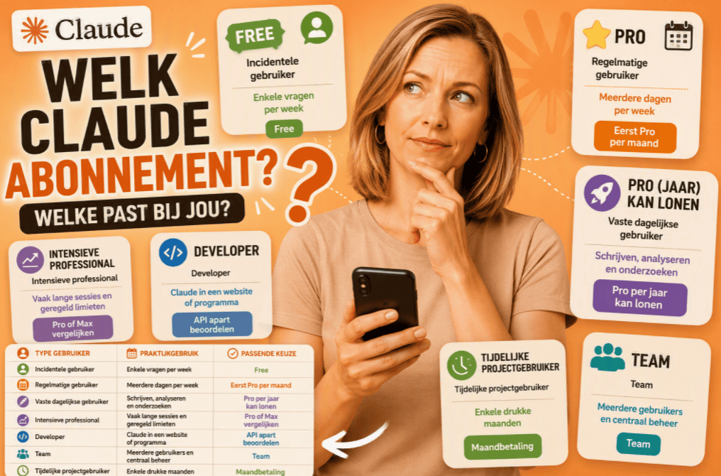 Thumbnail met een persoon in een beige shirt die twijfelend naar verschillende Claude-abonnementsopties kijkt. Rondom staan kaarten met Free, Pro, Max, Developer en Team op een zacht oranje Claude-achtergrond met de tekst "Welk Claude abonnement?".