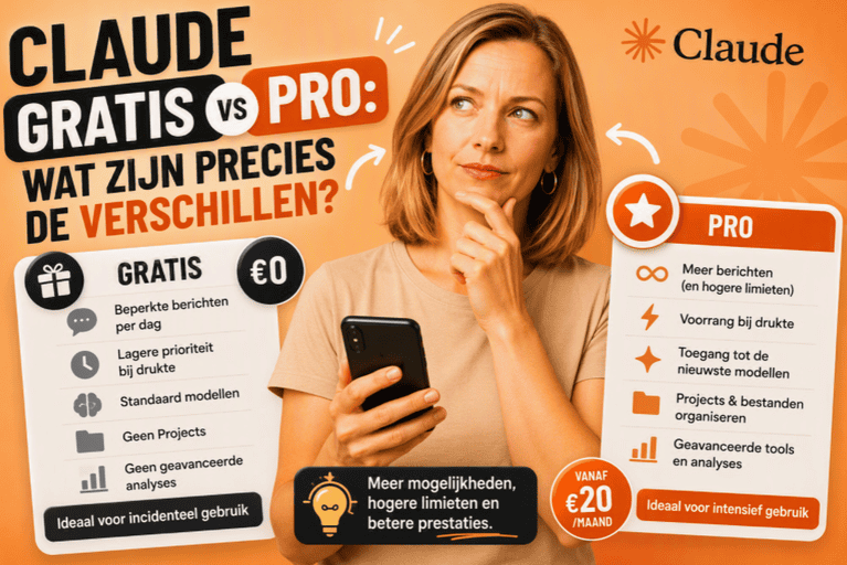 Thumbnail met een persoon in een beige shirt die een smartphone vasthoudt en twee Claude-abonnementen vergelijkt. Links staat een overzicht van de gratis versie met beperkte functies en rechts een overzicht van Claude Pro met extra mogelijkheden, hogere limieten en geavanceerde functies. Op de achtergrond staat een Claude-kleurig oranje ontwerp met de tekst "Claude Gratis vs Pro: wat zijn precies de verschillen?".