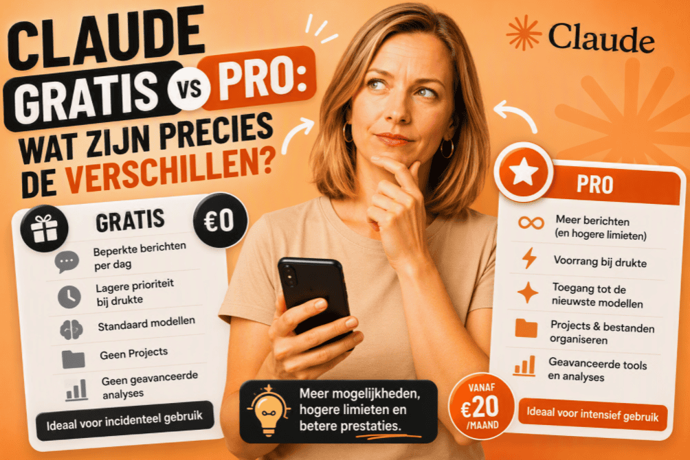 Thumbnail met een persoon in een beige shirt die een smartphone vasthoudt en twee Claude-abonnementen vergelijkt. Links staat een overzicht van de gratis versie met beperkte functies en rechts een overzicht van Claude Pro met extra mogelijkheden, hogere limieten en geavanceerde functies. Op de achtergrond staat een Claude-kleurig oranje ontwerp met de tekst "Claude Gratis vs Pro: wat zijn precies de verschillen?".