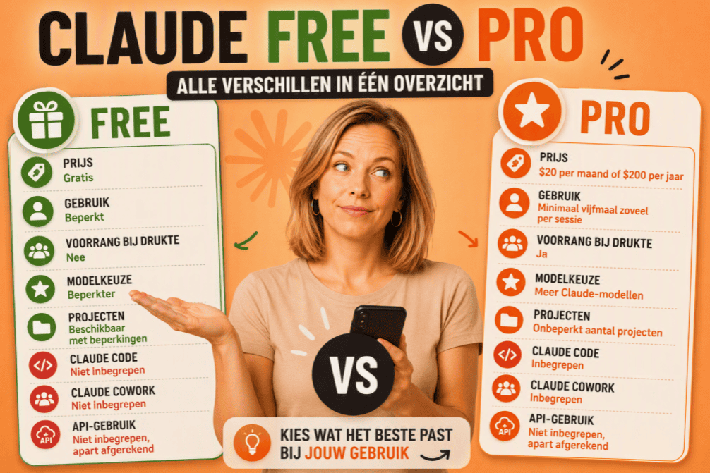 Thumbnail met een persoon in een beige shirt die tussen Claude Free en Claude Pro vergelijkt. Links staat een overzicht van de gratis versie en rechts een overzicht van Claude Pro met meer gebruik, extra functies en premium voordelen op een Claude-oranje achtergrond.
