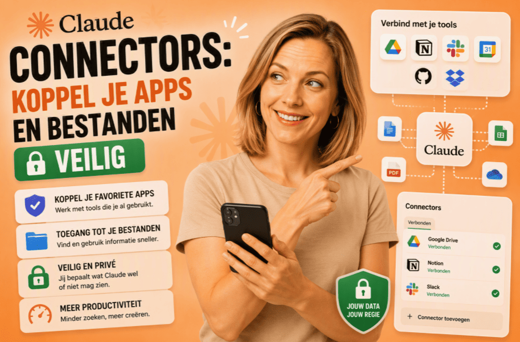 Illustratie van een persoon met een smartphone op een Claude-oranje achtergrond die wijst naar een overzicht van gekoppelde apps en bestanden. Rondom staan iconen van verschillende diensten die via Claude Connectors verbonden zijn, met nadruk op veiligheid, productiviteit en toegangsbeheer.