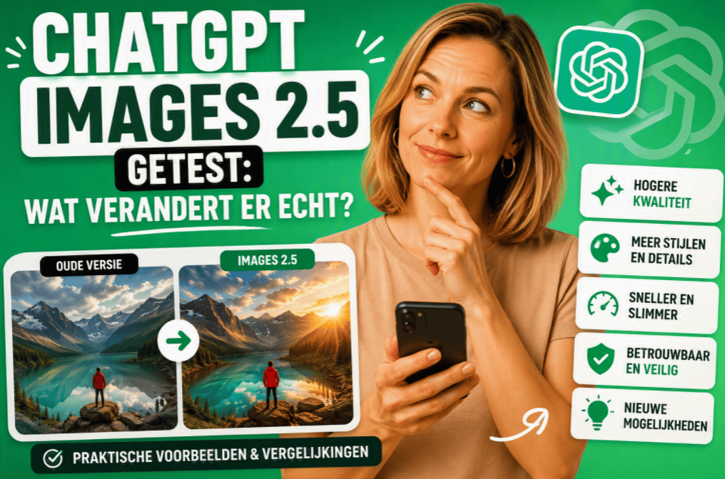 Thumbnail met een persoon in een beige shirt die een smartphone vasthoudt op een groene achtergrond met het ChatGPT-logo. Links staat de tekst "ChatGPT Images 2.5 getest: wat verandert er echt?" en onderaan een vergelijking tussen een oudere versie en Images 2.5. Rechts staan kaartjes met mogelijke verbeteringen zoals hogere kwaliteit, meer stijlen en details, snellere verwerking, betrouwbaarheid en nieuwe mogelijkheden.
