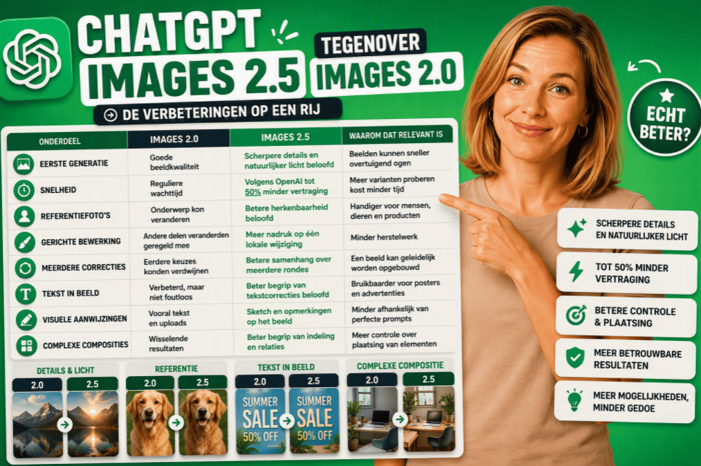 Thumbnail met een groene ChatGPT-achtergrond en een persoon in een beige shirt die wijst naar een vergelijkingstabel tussen ChatGPT Images 2.0 en Images 2.5. De tabel toont verschillen op het gebied van beeldkwaliteit, snelheid, referentiefoto's, gerichte bewerking, tekst in afbeeldingen en complexe composities. Rechts staan uitgelichte voordelen zoals scherpere details, minder vertraging en betere controle over beeldopbouw.