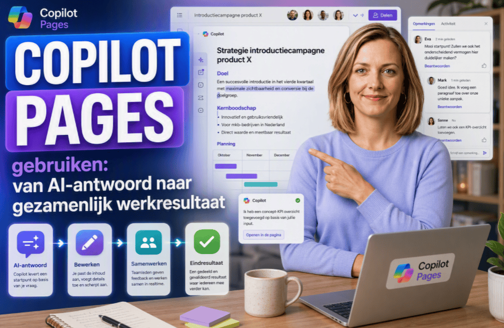 Hero-afbeelding van Copilot Pages met een professional naast een samenwerkingsdocument. De afbeelding toont hoe een AI-antwoord wordt omgezet naar bewerken, samenwerken en een gezamenlijk eindresultaat met opmerkingen, feedback en co-creatie.