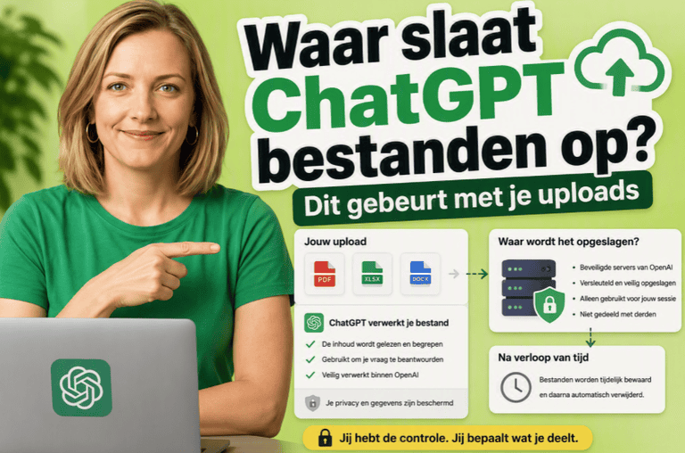 Thumbnail over het uploaden van bestanden naar ChatGPT. Een persoon in een groen shirt wijst naar een infographic met de titel "Waar slaat ChatGPT bestanden op? Dit gebeurt met je uploads". De afbeelding toont documentuploads, serveropslag, beveiligingssymbolen en uitleg over de verwerking van bestanden.