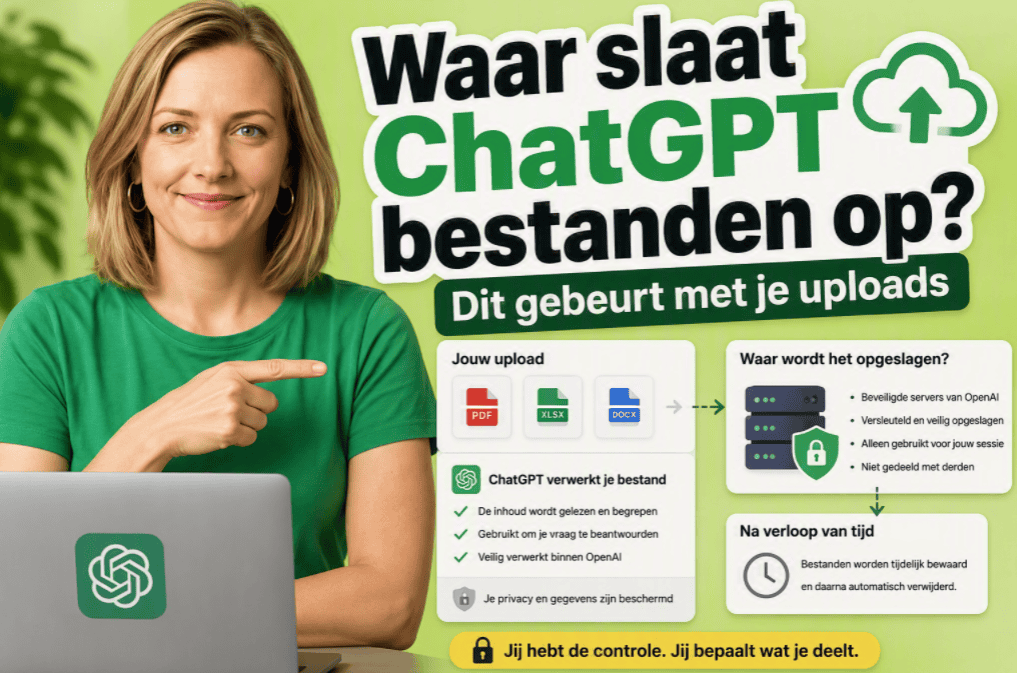 Thumbnail over het uploaden van bestanden naar ChatGPT. Een persoon in een groen shirt wijst naar een infographic met de titel "Waar slaat ChatGPT bestanden op? Dit gebeurt met je uploads". De afbeelding toont documentuploads, serveropslag, beveiligingssymbolen en uitleg over de verwerking van bestanden.