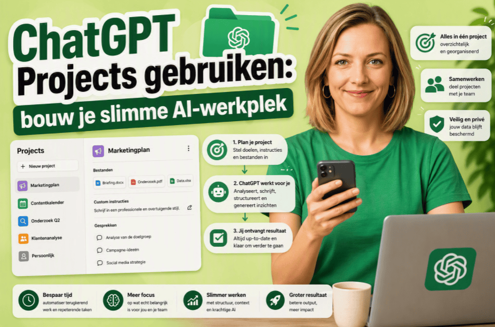Thumbnail over ChatGPT Projects. Een persoon in een groen shirt kijkt lachend in de camera terwijl een mobiele telefoon wordt vastgehouden. Op de lichtgroene achtergrond staat de tekst "ChatGPT Projects gebruiken: bouw je slimme AI-werkplek" naast een projectdashboard met documenten, instructies, gesprekken en workflowstappen.