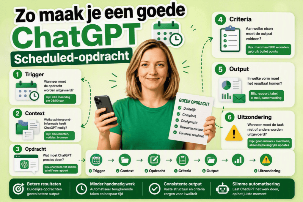 Thumbnail over het maken van een effectieve ChatGPT Scheduled-opdracht. Een persoon staat centraal met een telefoon in de hand terwijl zes stappen worden uitgelegd: trigger, context, opdracht, criteria, output en uitzondering.