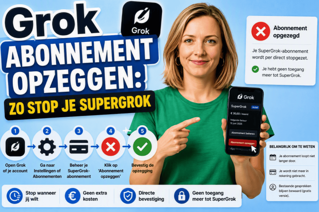 Thumbnail over het opzeggen van een SuperGrok-abonnement. Een persoon staat centraal tegen een lichtblauwe achtergrond en houdt een smartphone met de Grok-app vast. Grote tekst luidt: "Grok abonnement opzeggen: zo stop je SuperGrok". Daarnaast is een visuele stappenkaart zichtbaar die laat zien hoe een abonnement wordt beëindigd.