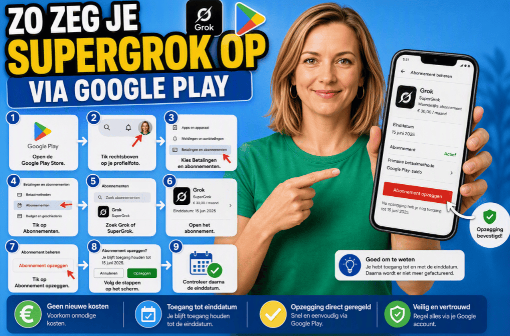 Thumbnail over het opzeggen van een SuperGrok-abonnement via Google Play. Een persoon houdt een smartphone vast waarop de Google Play Store zichtbaar is. De afbeelding toont een stappenplan om een SuperGrok-abonnement te beëindigen.