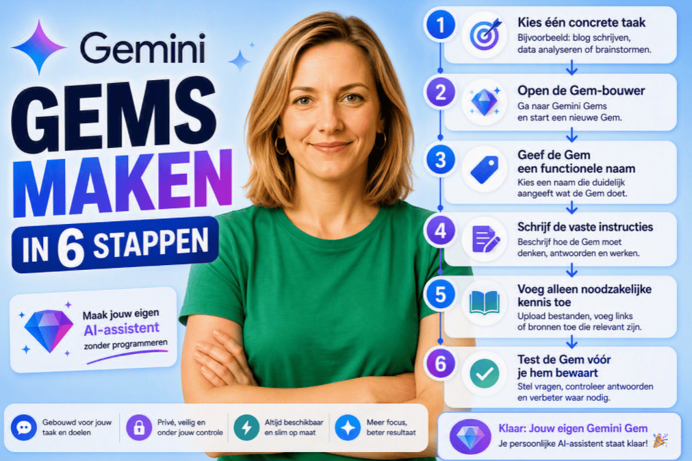 Thumbnail over het bouwen van een Gemini Gem. Een persoon staat centraal tegen een rustige Gemini-achtergrond. Naast de persoon wordt een stappenplan weergegeven met zes stappen: een taak kiezen, de Gem-bouwer openen, een naam geven, instructies schrijven, kennis toevoegen en de Gem testen.