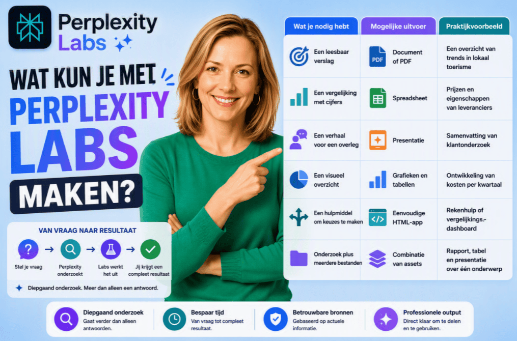 Thumbnail over de mogelijkheden van Perplexity Labs. Een persoon staat centraal tegen een lichtblauwe achtergrond en wijst naar een overzichtstabel. De tabel laat zien welke soorten resultaten Perplexity Labs kan maken, zoals PDF-rapporten, spreadsheets, presentaties, grafieken, HTML-tools en complete projectbundels. De titel luidt: "Wat kun je met Perplexity Labs maken?"