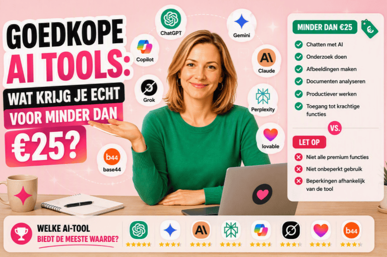 Thumbnail over betaalbare AI-tools. Een persoon zit centraal tegen een lichtroze achtergrond. Achter de persoon zijn logo's zichtbaar van populaire AI-tools zoals ChatGPT, Gemini, Claude, Perplexity, Copilot en Grok. De titel luidt: "Goedkope AI tools: wat krijg je echt voor minder dan €25?"