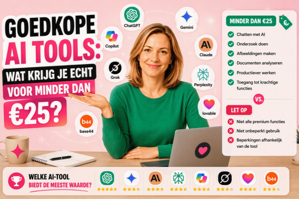Thumbnail over betaalbare AI-tools. Een persoon zit centraal tegen een lichtroze achtergrond. Achter de persoon zijn logo's zichtbaar van populaire AI-tools zoals ChatGPT, Gemini, Claude, Perplexity, Copilot en Grok. De titel luidt: "Goedkope AI tools: wat krijg je echt voor minder dan €25?"
