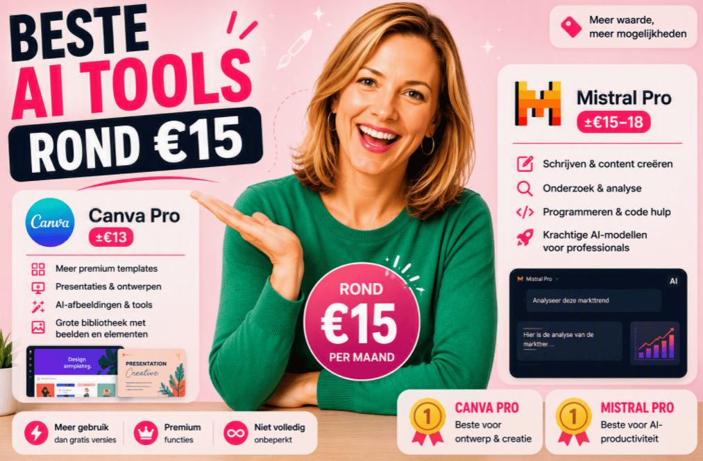 Thumbnail over AI-tools rond de vijftien euro per maand. Een persoon staat centraal tegen een lichtroze achtergrond en presenteert twee populaire opties: Canva Pro en Mistral Pro. De titel luidt: "Beste AI tools rond €15".