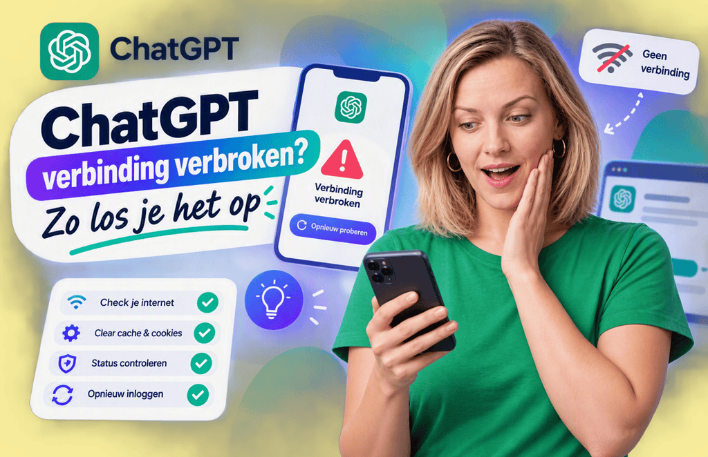 Persoon kijkt verbaasd naar een smartphone terwijl een ChatGPT-verbindingsfout wordt weergegeven, met tips om verbindingsproblemen op te lossen.