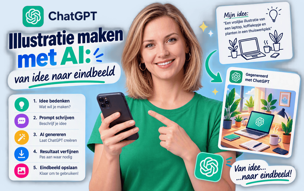 Persoon kijkt lachend in de camera terwijl een smartphone wordt vastgehouden, met een visuele uitleg van hoe AI een idee omzet naar een illustratie.