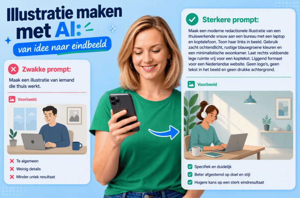 Persoon kijkt lachend naar een smartphone terwijl twee AI-prompts worden vergeleken met een eenvoudig en een professioneel illustratieresultaat.