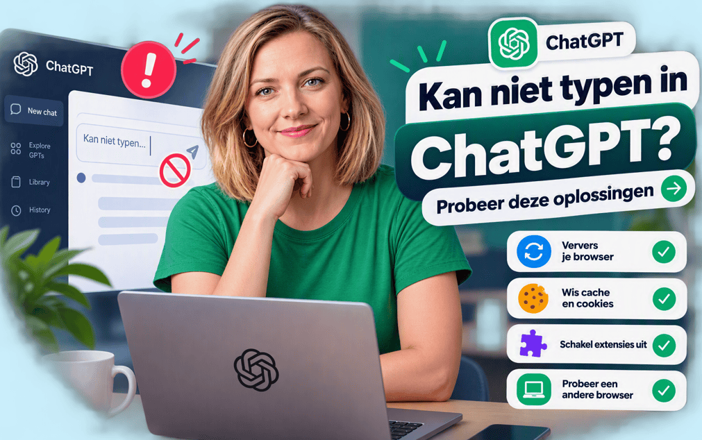 Kan niet typen in ChatGPT? Moderne SaaS-afbeelding met oplossingen voor een niet werkend invoerveld in ChatGPT.
