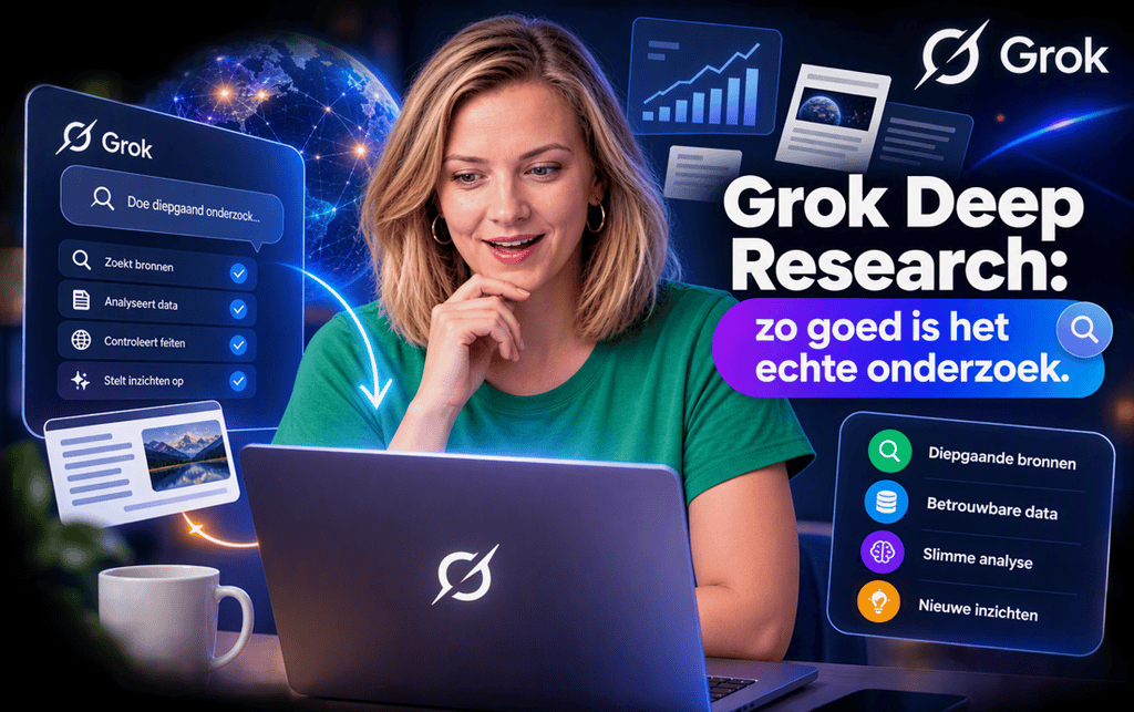 Persoon kijkt aandachtig naar een laptop terwijl Grok Deep Research onderzoeksbronnen, analyses en inzichten visualiseert in een moderne AI-omgeving.