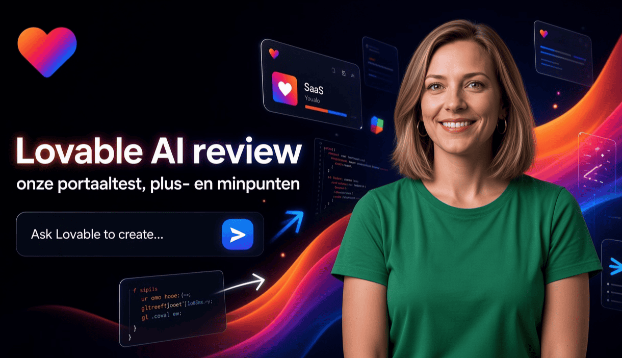 Lachende vrouw in groen T-shirt kijkt vriendelijk in de camera, met de titel 'Lovable AI review: onze portaaltest, plus- en minpunten' en Lovable AI-elementen op de achtergrond